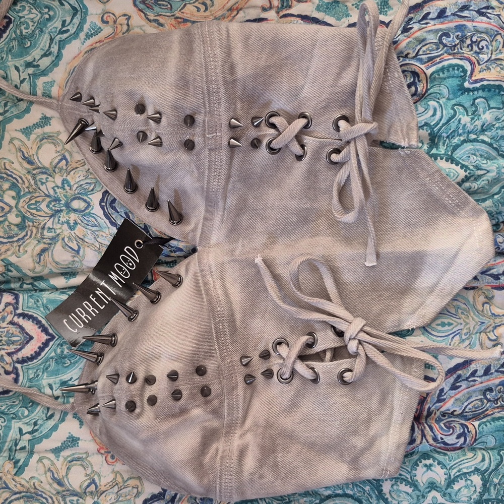 Current Mood Silver Spiked Lace-Up Top